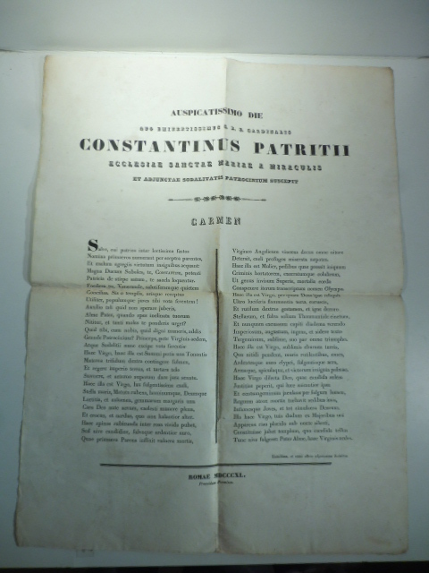 Auspicatissimo die quo eminentissimus S. R. E. Cardinalis Constantinus Patritii ecclesiae Sanctae Mariae a Miraculis… Carmen
